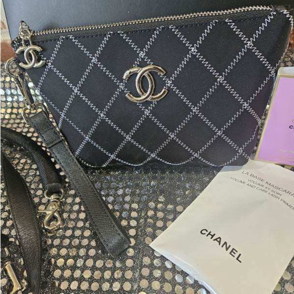 Black Quilted Clutch CC VIP gift with Silver Accents and strap Chanel